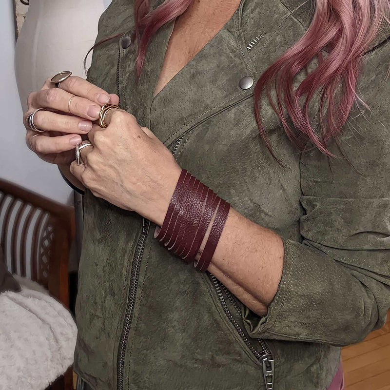 Fringe Leather Bracelet, Plum | Brynn Capella, Made in USA, Bracelets, Leather Bracelet, Brynn Capella