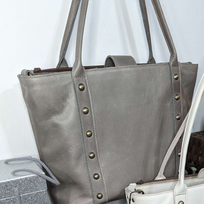 The Perfect Leather Tote Bag, Light Charcoal, by Brynn Capella made in the USA