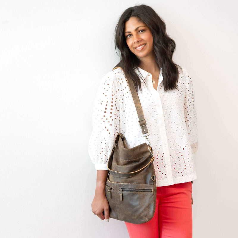 Convertible leather crossbody backpack, Black/Brown, USA made Medium Crossbody Brynn Capella