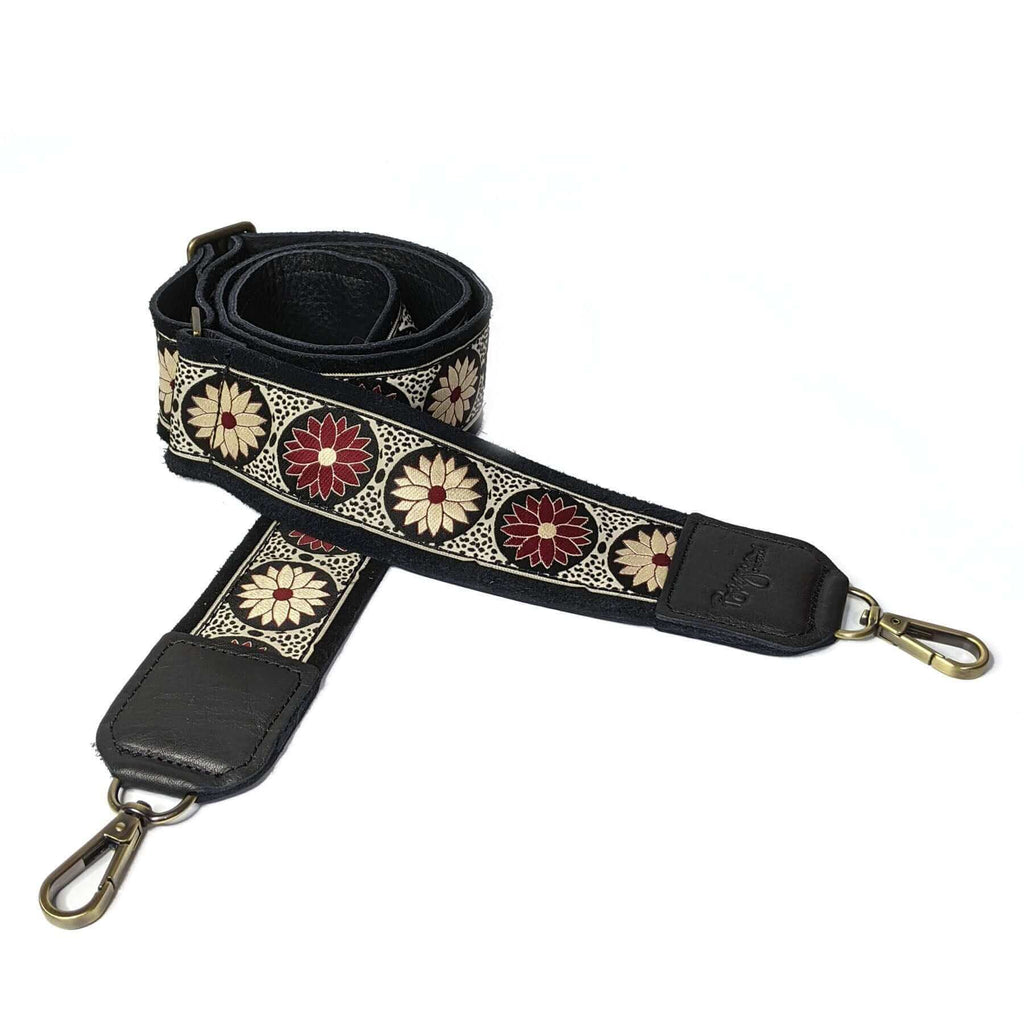 Adjustable Guitar Bag Strap, Plum Daisy print leather
