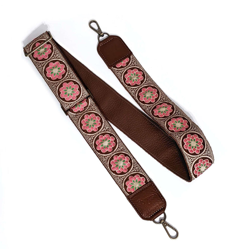 Guitar Purse Strap - Pink Daisy | Brynn Capella, Leather Goods $125 Handbag Strap accessories, best sellers, Brown, dark brown, orange