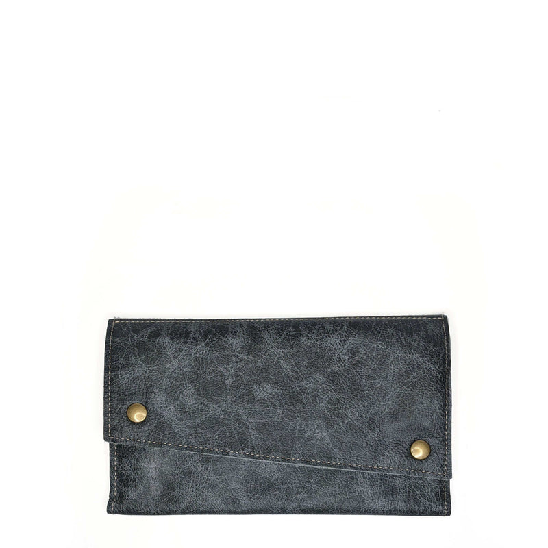 Leather Tri-fold wallet, blue/grey, Brynn Capella, made in USA leather goods