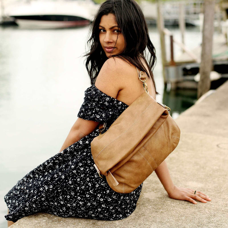 Convertible leather crossbody backpack, Tan, USA made Large Crossbody Brynn Capella