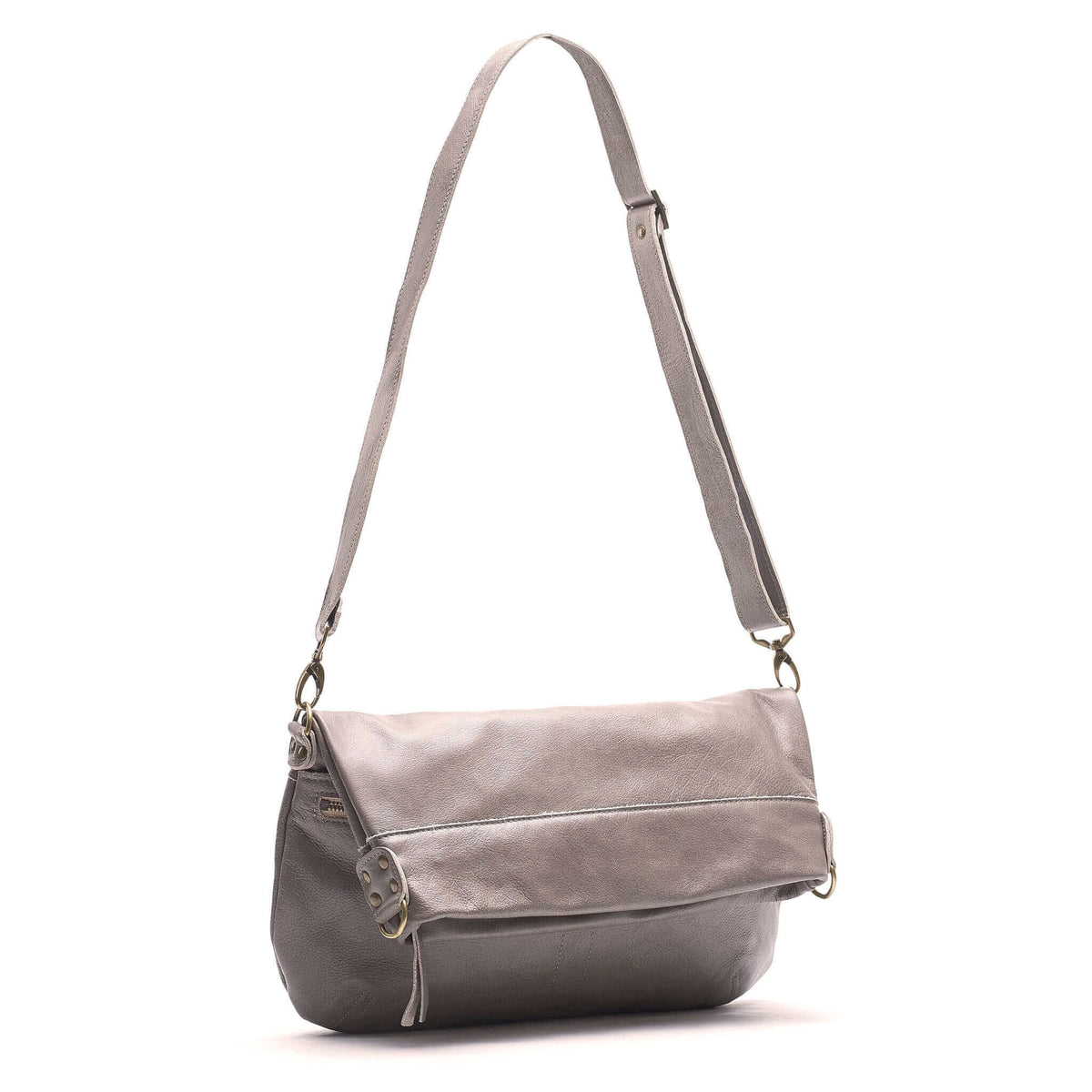 Grey 6-in-1 leather crossbody backpack - Brynn Capella, USA (folded over)