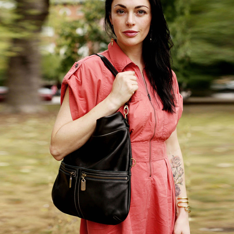 Convertible leather crossbody backpack, Black, USA made Medium Crossbody Brynn Capella