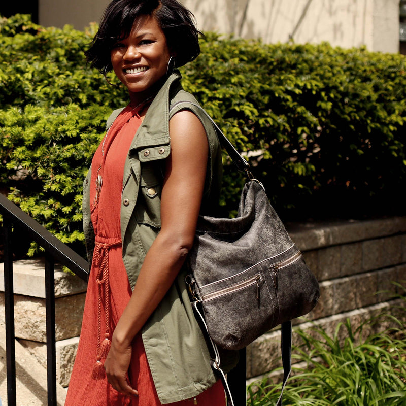 Convertible leather crossbody backpack, Charcoal, USA made Medium Crossbody Brynn Capella