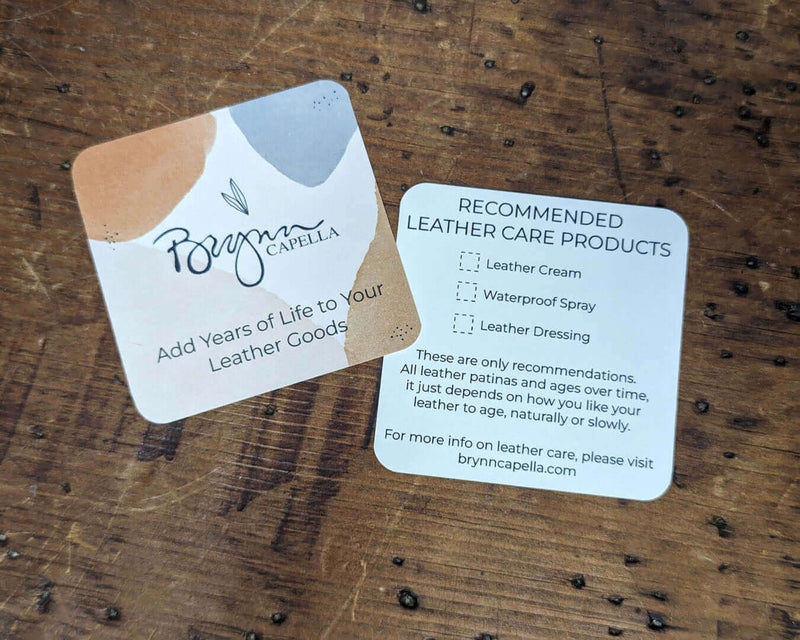 Brynne Capella leather care product recommendations on cards to maintain full grain leather handbags.