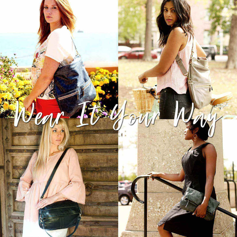 Women showcasing the convertible crossbody backpack in various styles outdoors.