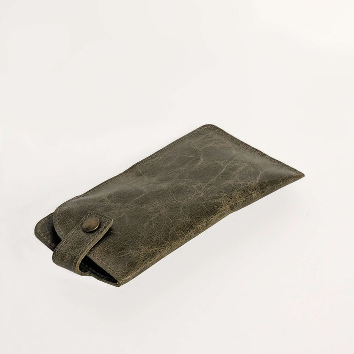 Allison Leather Eyeglass Case in a stylish dark green color, designed to protect your glasses from scratches.