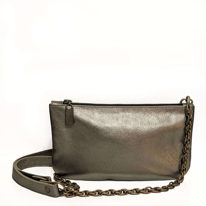 Cher Chain Crossbody - Antique Pewter, a stylish metallic leather bag with chain strap.