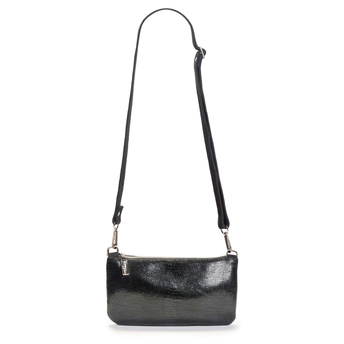 Black Mini Leather Crossbody, Lizard Print, Brynn Capella, Made in the USA