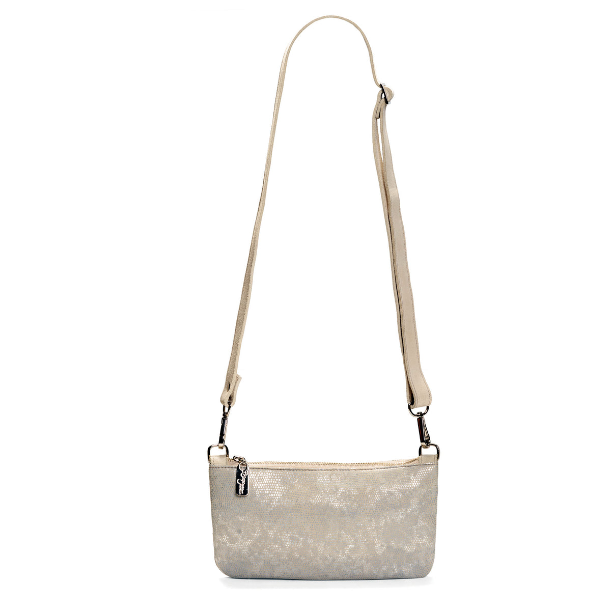 Printed Cream Suede mini crossbody with bulit in wallet, USA, Brynn Capella