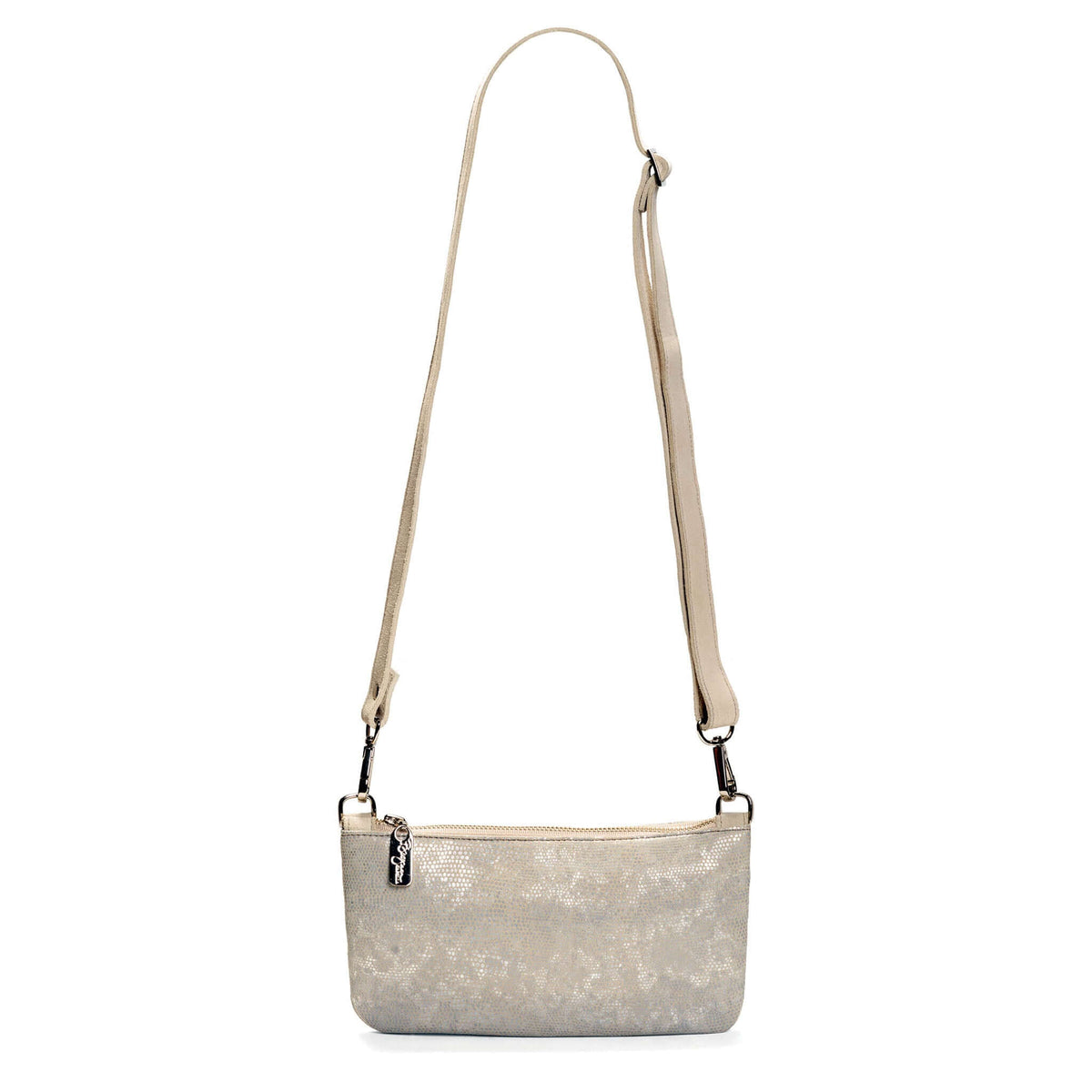 Printed Cream Suede mini crossbody with bulit in wallet, USA, Brynn Capella