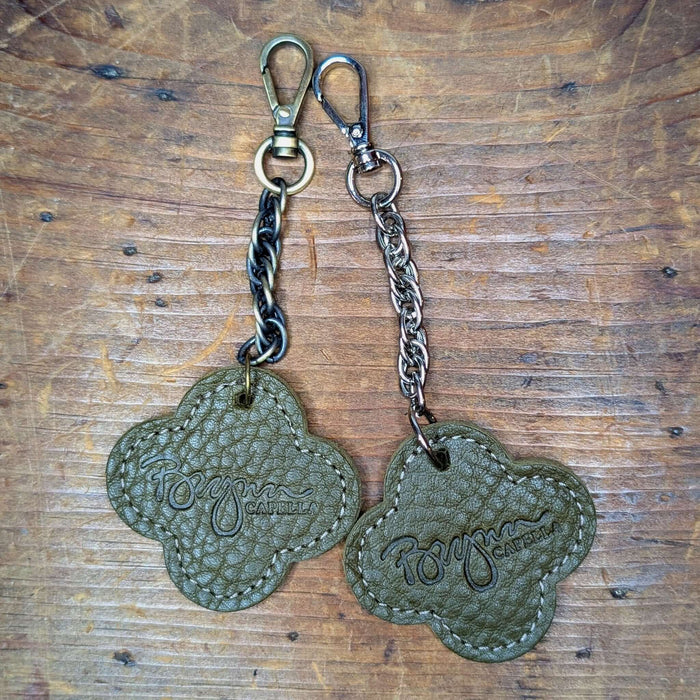 Olive Green Clover Leather Bag Charm, Brynn Capella, Made in USA