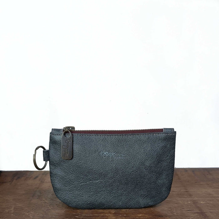 Dylan Coin Bag in vintage blue/grey leather coin purse with upgraded zipper and stylish design.