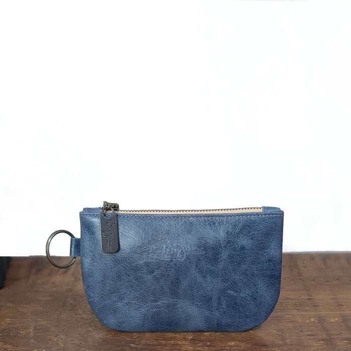 Dylan Coin Bag in distressed blue leather coin purse with upgraded zipper and stylish design.