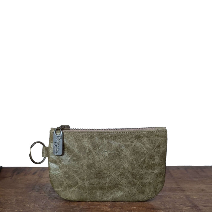 Dylan Coin Bag in distressed green leather coin purse with upgraded zipper and stylish design.