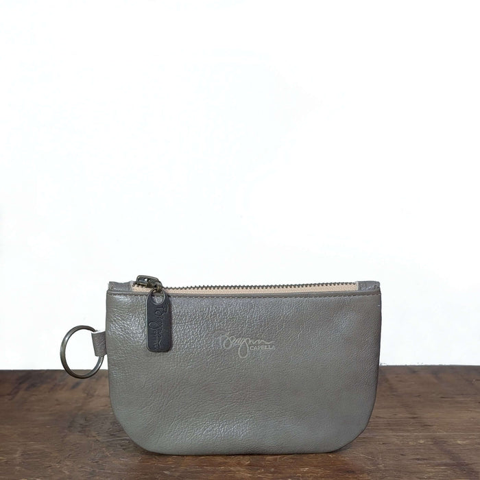 Dylan Coin Bag in gray leather coin purse with upgraded zipper and stylish design.