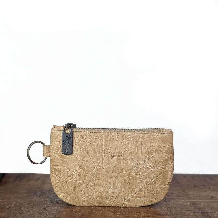 Dylan Coin Bag in floral embossed tan leather coin purse with upgraded zipper and stylish design.