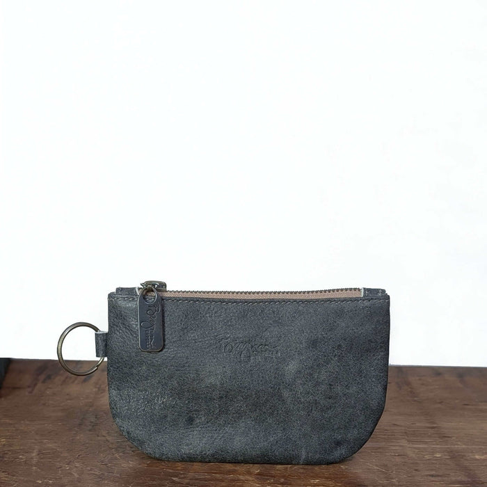 Dylan Coin Bag in charcoal/taupe leather coin purse with upgraded zipper and stylish design.