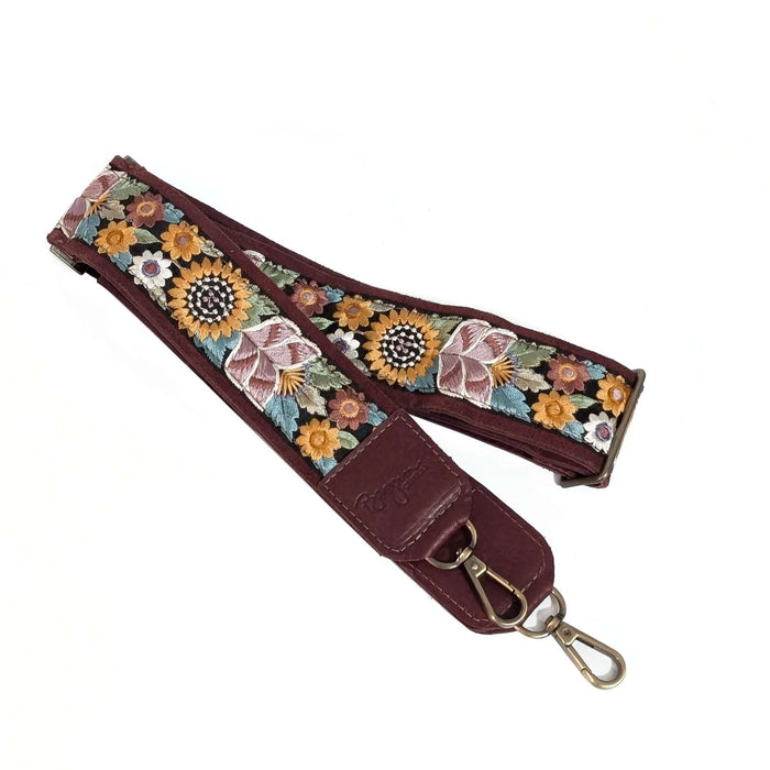Lizzy Guitar Bag Strap - Chianti Sunflower with floral design, adjustable and leather trimmed for comfort and style.