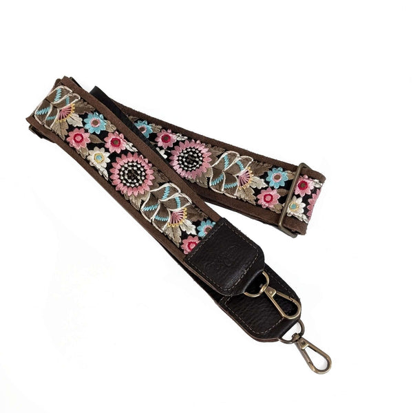 Lizzy Guitar Bag Strap - Pink / Brown Sunflower with floral design, adjustable and leather trimmed for comfort and style.