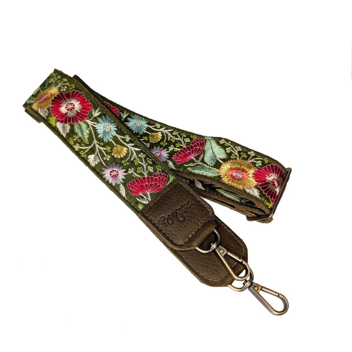 Colorful yellow and red floral embroidered olive strap with olive brown leather guitar purse strap