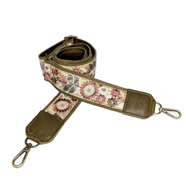 Lizzy Guitar Bag Strap - Chocolate Sunflower with floral design, adjustable and leather trimmed for comfort and style.