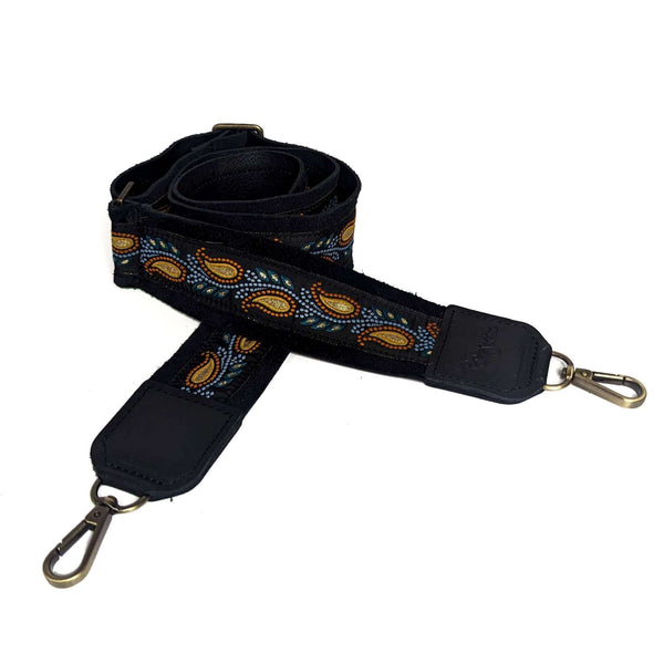Guitar Bag Strap – Adjustable Woven Paisley, Black Leather display picture 1