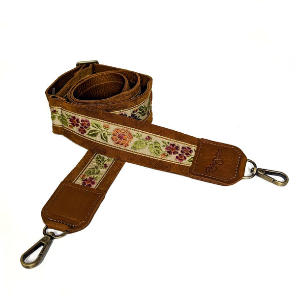 Lizzy Guitar Bag Strap - Hickory Floral Vine with leather trim and adjustable design, perfect for enhancing your style.
