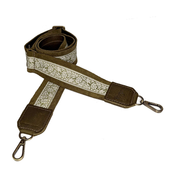 Lizzy Guitar Bag Strap - Green Secret Vine, adjustable leather trimmed guitar bag strap for stylish convenience.
