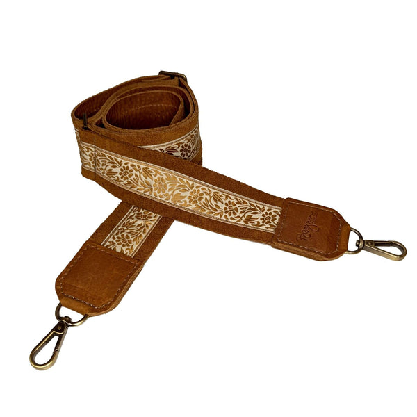 Lizzy Guitar Bag Strap - Mustard Secret Vine, a durable leather trimmed guitar bag strap with adjustable design.