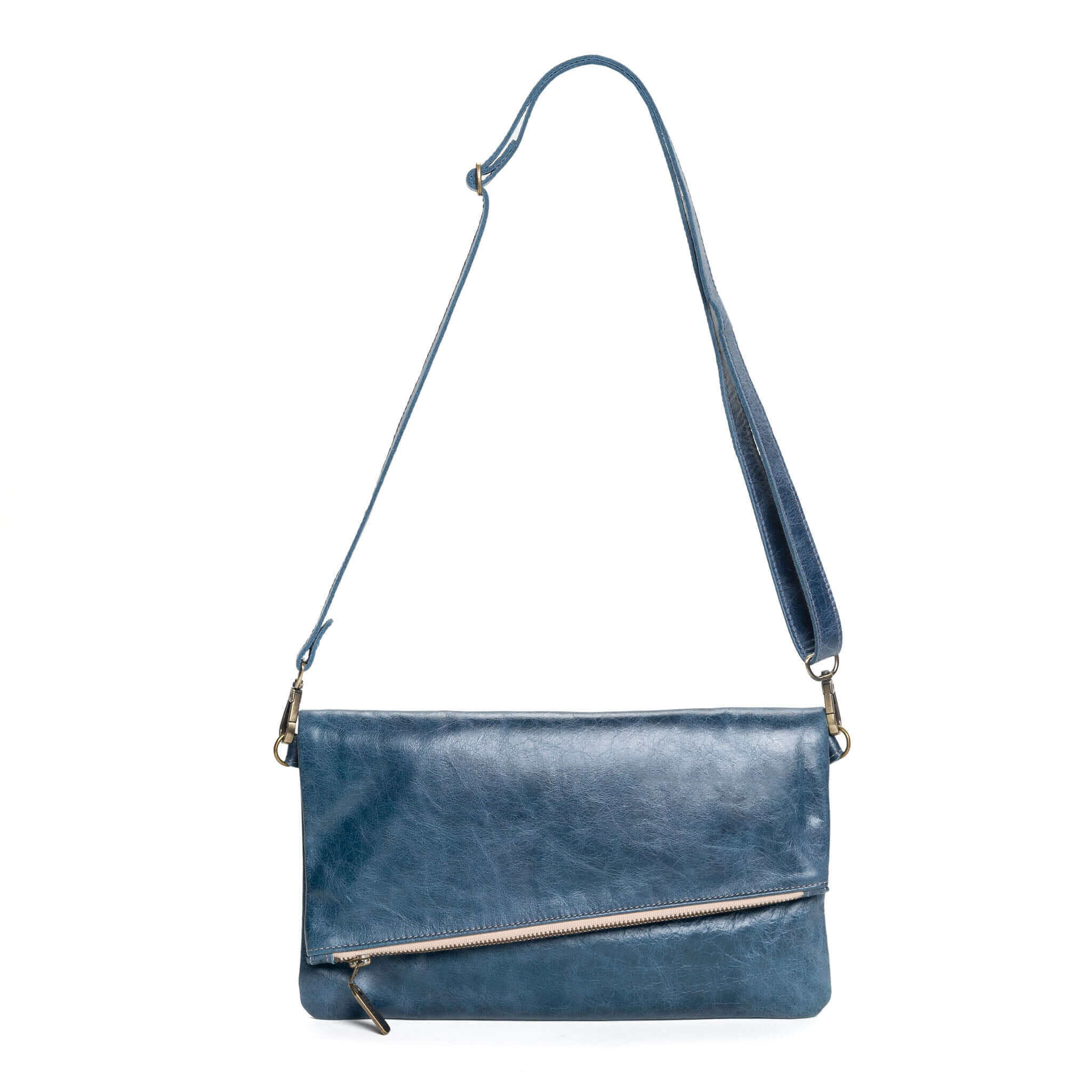 Distressed Blue Italian Leather Foldover Crossbody made USA