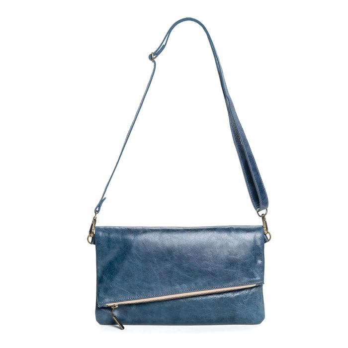 Leather Foldover Crossbody bag, clutch, blue, made in USA, Handbags, Small Crossbody, Brynn Capella