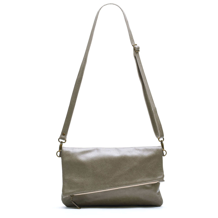 Leather Foldover Crossbody bag, clutch, grey, made in USA, Handbags, Small Crossbody, Brynn Capella