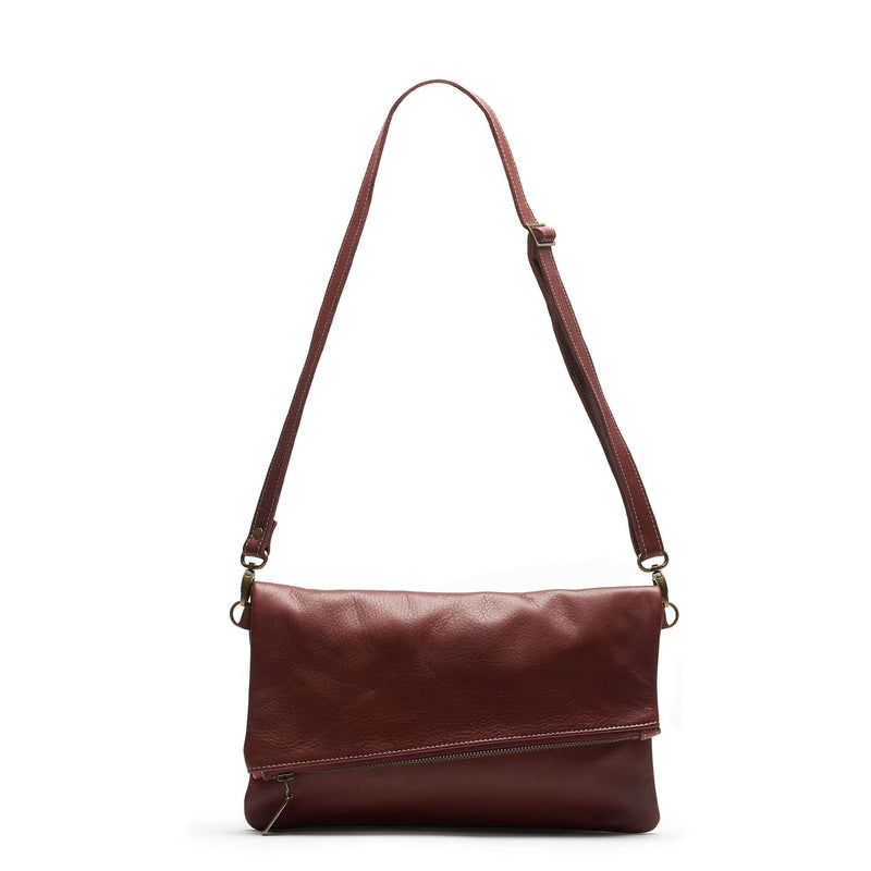 Jenne Foldover style leather clutch crossbody, wine brown, Brynn Capella, made in the USA