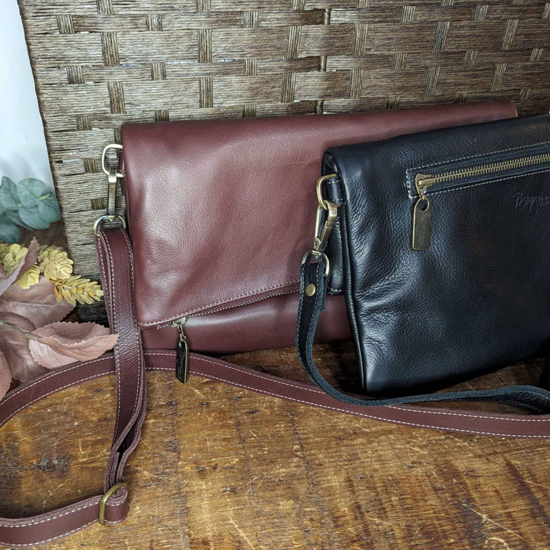 Leather Foldover Crossbody bag, clutch, black, made in USA, Handbags, Small Crossbody, Brynn Capella