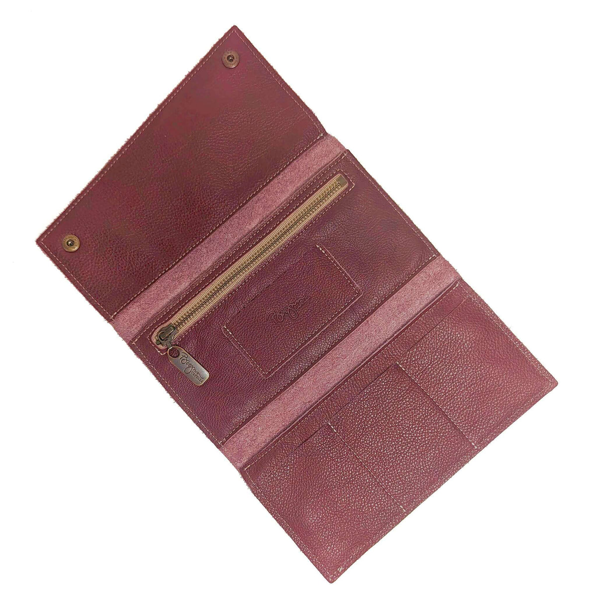 Open plum full-grain leather wallet with gold zipper, tri-fold wallet