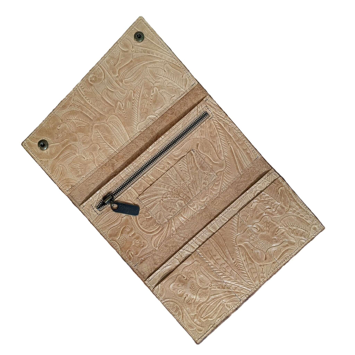 Kimerly Tri-fold Wallet in leather wallet with Western floral design, featuring multiple compartments and a zippered pocket.