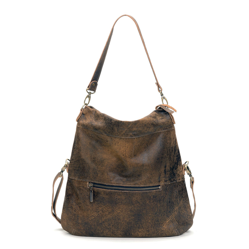 Convertible leather crossbody backpack, Brown/Black, USA made Large Crossbody Brynn Capella, back view