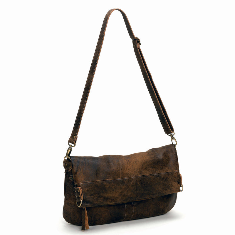 Convertible leather crossbody backpack, Brown/Black, USA made Large Crossbody Brynn Capella, folded over view