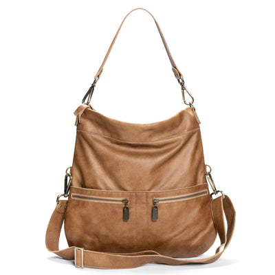 Original Lauren leather crossbody bag in golden tan, showcasing versatile design with adjustable strap and dual zip pockets.