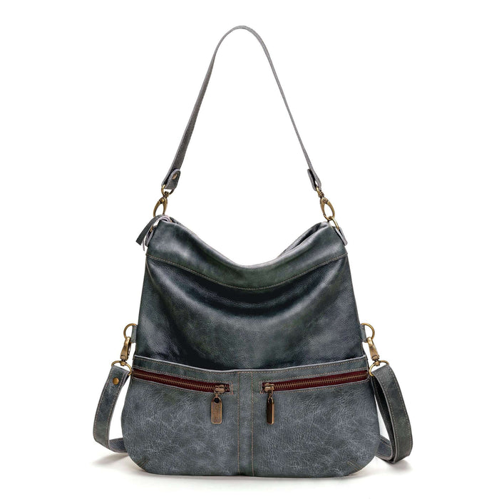 Mini Lauren 6-in-1 convertible leather crossbody bag in dark blue with zipper pockets.