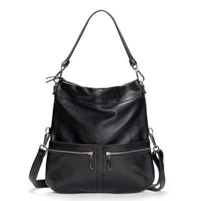 Mini Lauren 6-in-1 convertible leather crossbody bag in black, featuring multiple carrying options and zipper pockets.