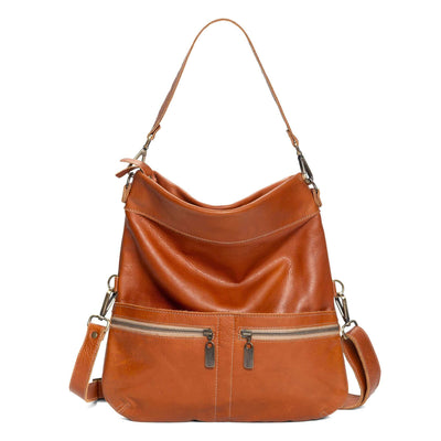 Mini Lauren 6-in-1 Convertible Leather Crossbody Bag in Whiskey with multiple pockets and adjustable strap