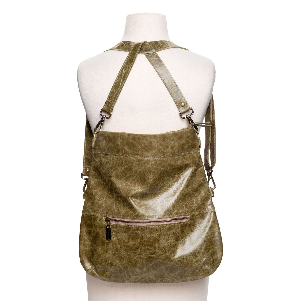 Convertible leather crossbody backpack, Green full-grain leather, USA made Medium Crossbody Brynn Capella