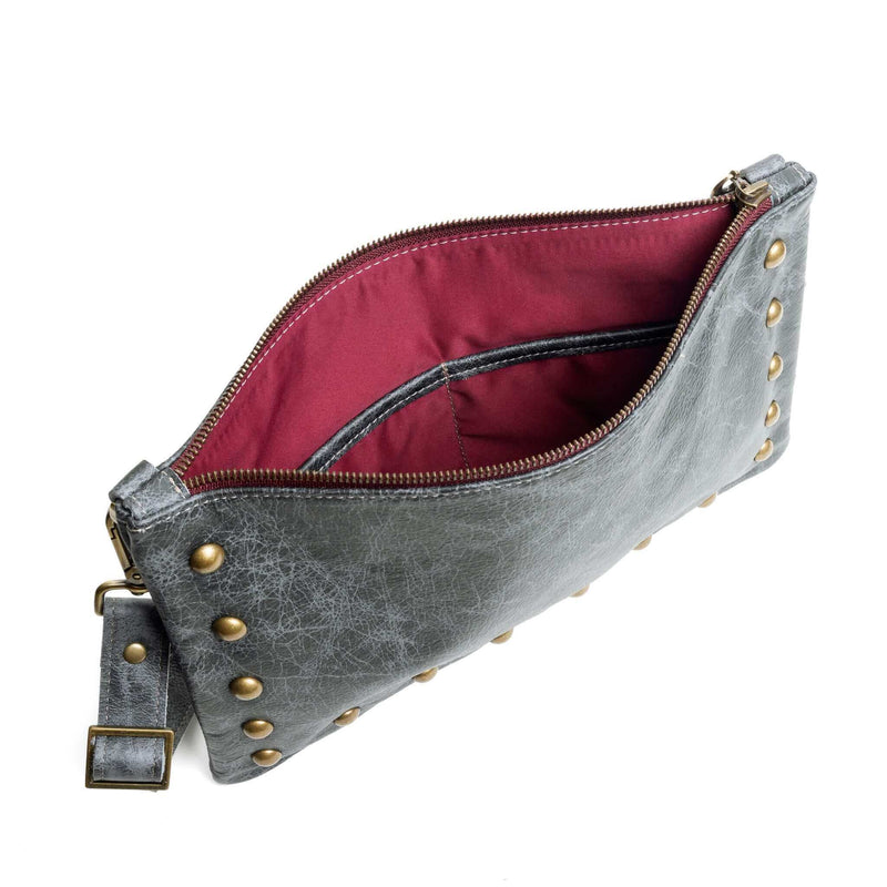 Studded clutch crossbody, Blue/Grey full-grain leather USA made, Handbags, Small Crossbody, Brynn Capella