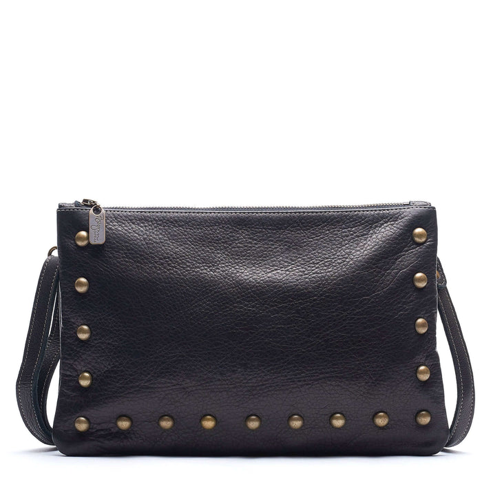 Studded bag in black full-grain leather convertible clutch-to-crossbody with adjustable strap