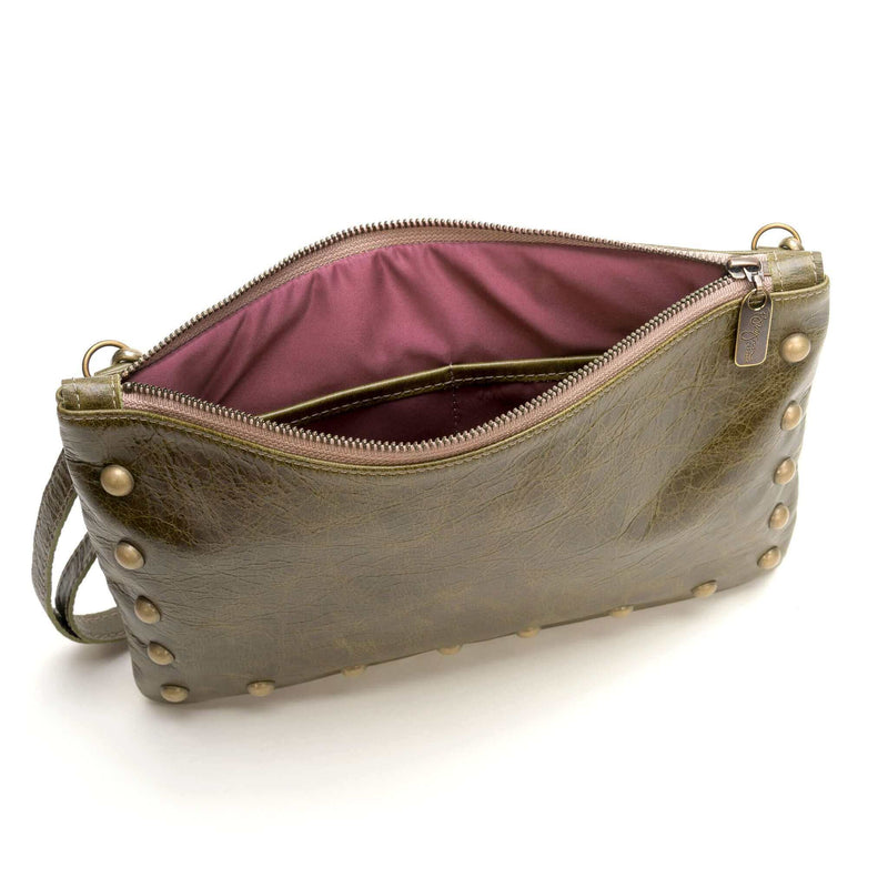 Studded clutch crossbody, Green full-grain leather USA made, Handbags, Small Crossbody, Brynn Capella