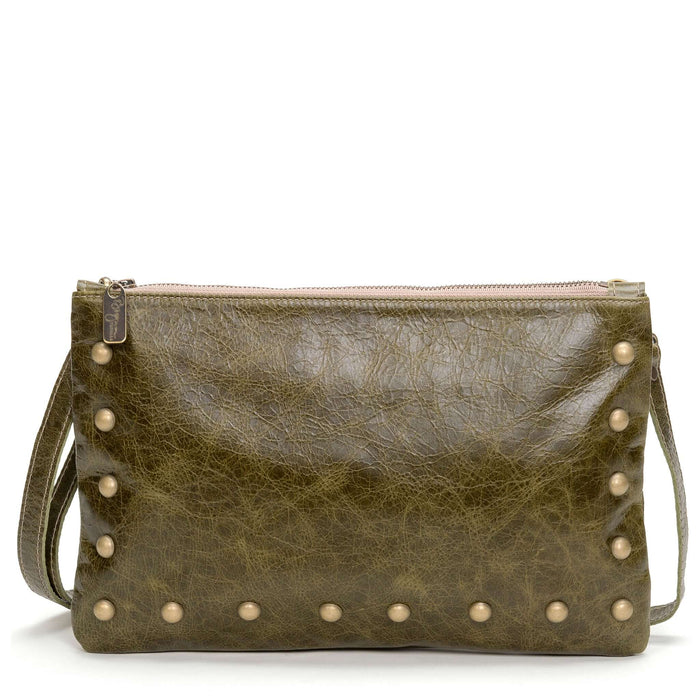 Studded clutch crossbody, Green full-grain leather USA made, Handbags, Small Crossbody, Brynn Capella